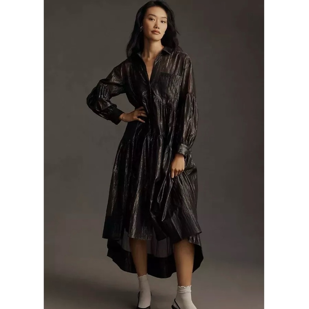 NWT Pilcro Long-Sleeve V-Neck Metallic High-Low Dress (Black)